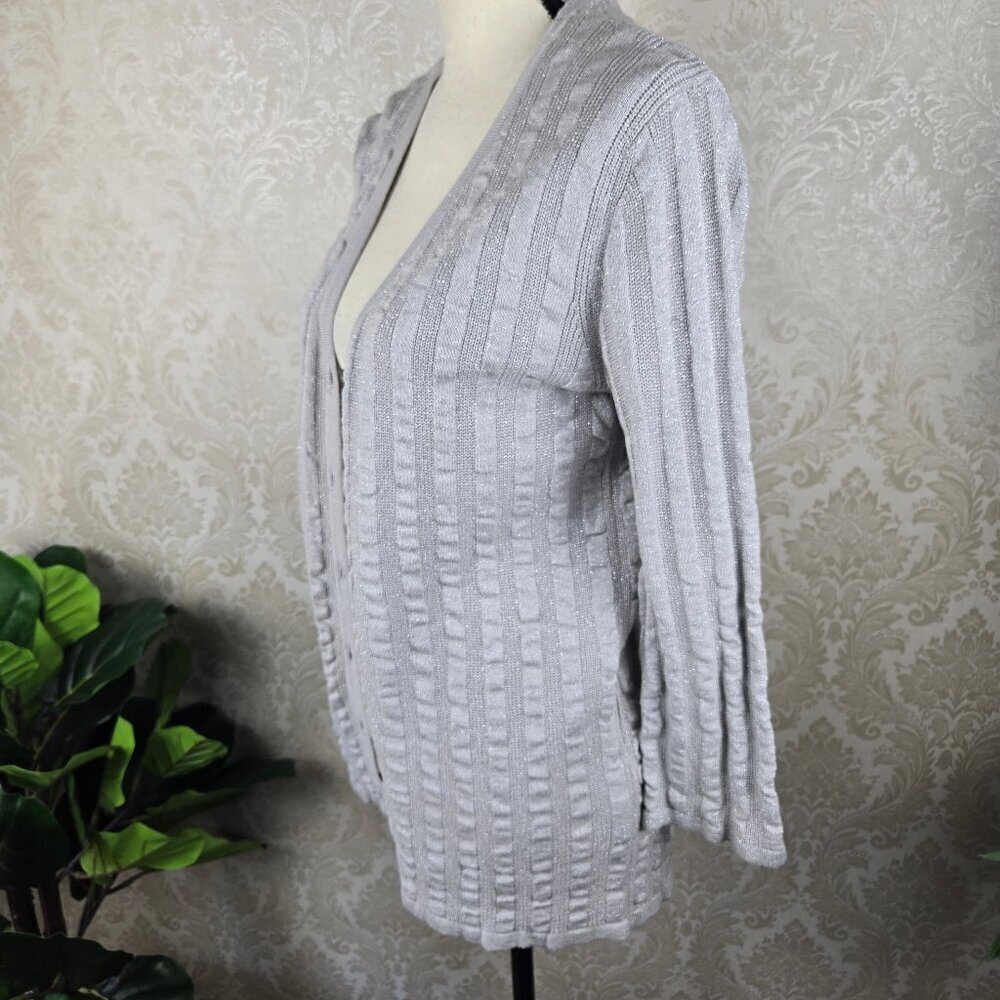 Ruby Rd Size Medium Silver Metallic Ribed Cardigan Button Front Knit Sweater - Picture 4 of 11